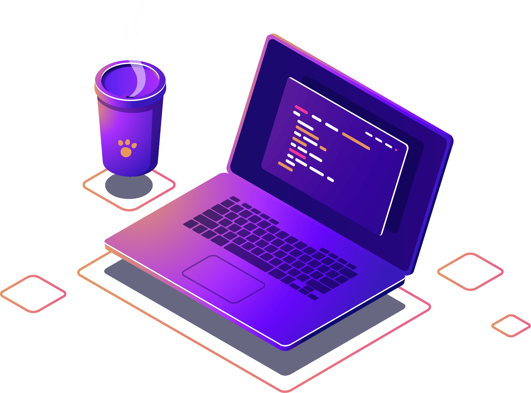 Ilustración de desarrollo de software a la medida mostrando interfaces web y móviles modernas