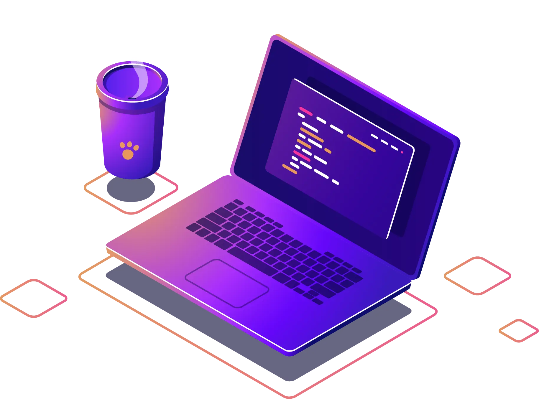 Ilustración de desarrollo de software a la medida mostrando interfaces web y móviles modernas